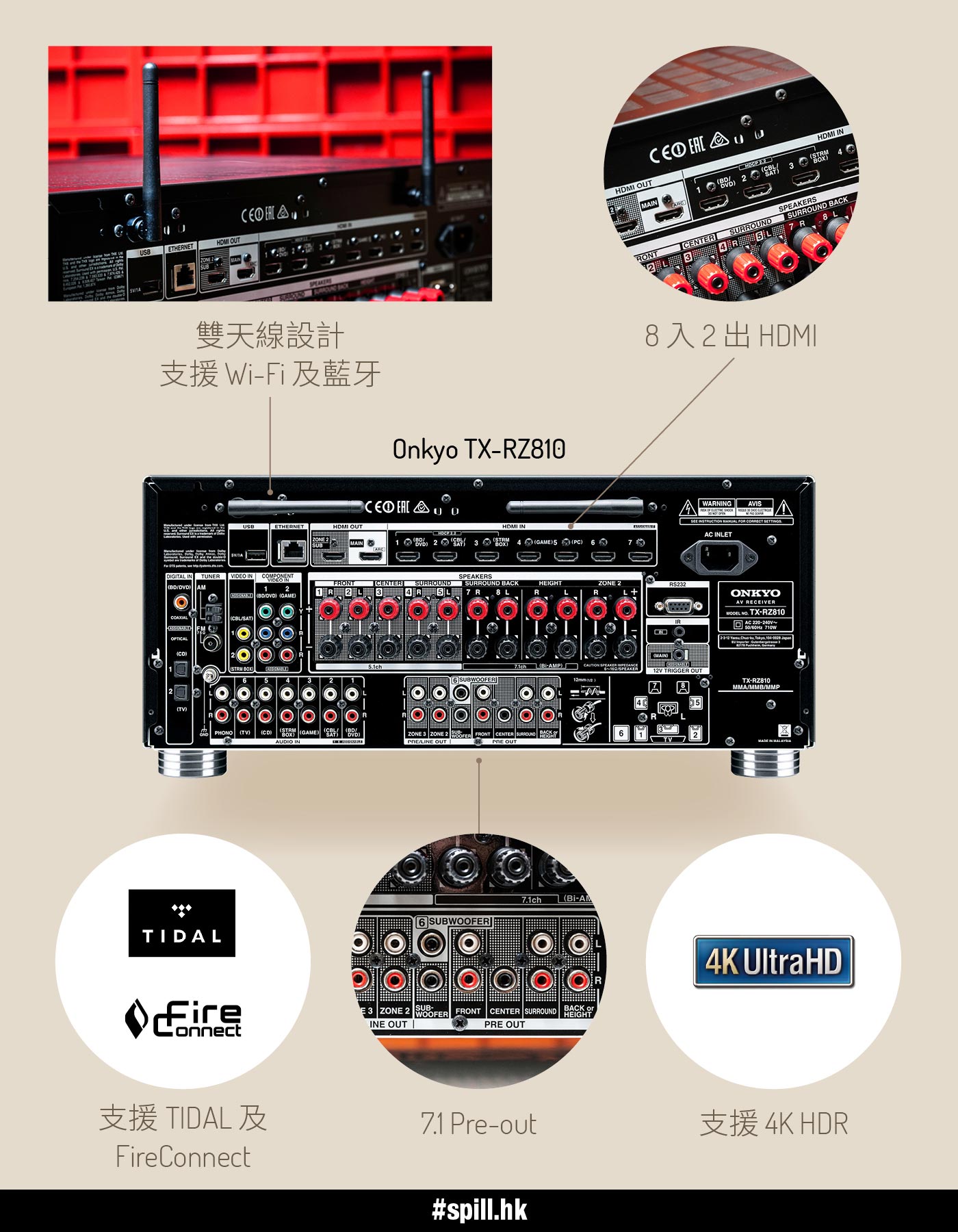 Onkyo 上年新設計的 TX-RZ800 中階擴音機相當受歡迎，今年再下一城，最新後繼機 TX-RZ810 除了獲得 THX Select2 Plus 認證之外，更加支援 Dolby Atmos、DTS:X、4K HDR 等最新的影音規格，加上 AirPlay、Google Cast*、TIDAL 等串流功能，可以話係市面上其中一款最全面的中階 AV 合併機。