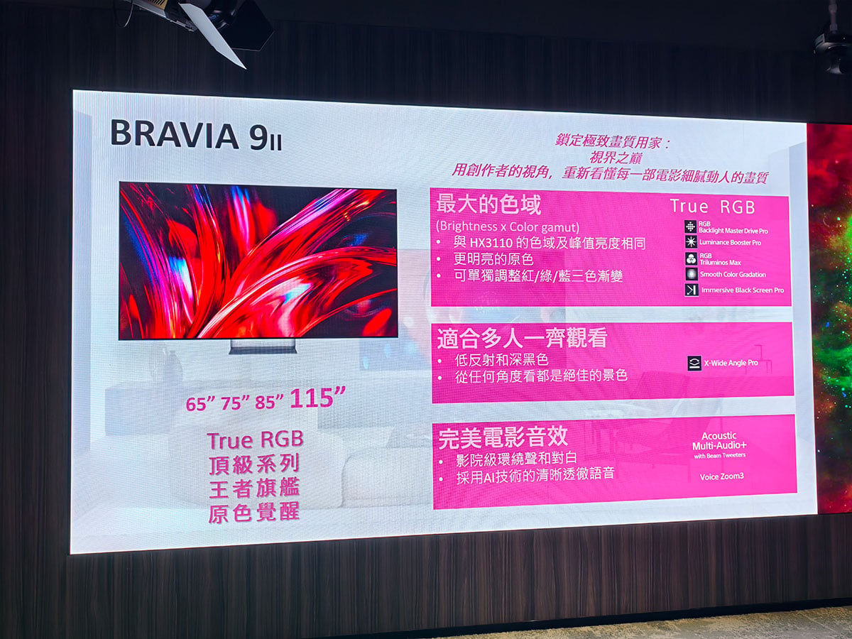 Sony 正式在香港發佈全新家庭娛樂系列，進一步實踐「Cinema is Coming Home」的核心理念，電視陣容由 Sony 首度推出的旗艦級 True RGB 電視 BRAVIA 9 II 及 BRAVIA 7 II 領軍，同步擴展了全新 BRAVIA Theatre 陣容，帶來更具沉浸感的影院級效果。